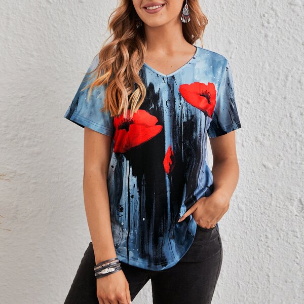 

V-neck Floral Print Tee, Multicolor