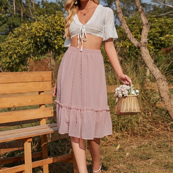 

Ruffle Trim Swiss Dot Skirt, Dusty pink