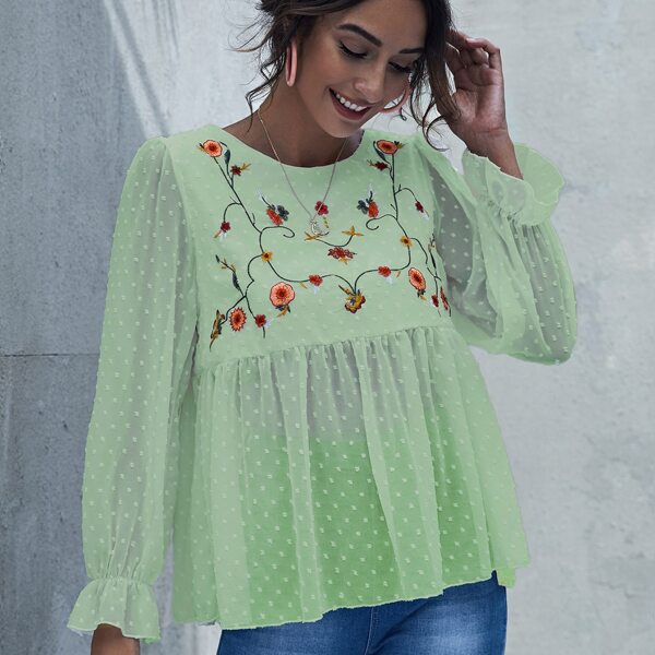 

Embroidered Flower Swiss Dot Peplum Top, Mint green