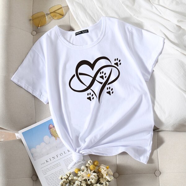 

Heart Print Round Neck Tee, White