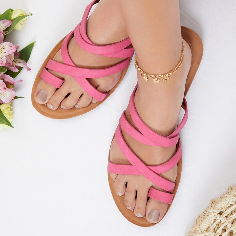

Faux Leather Loop-Toe Slides, Pink