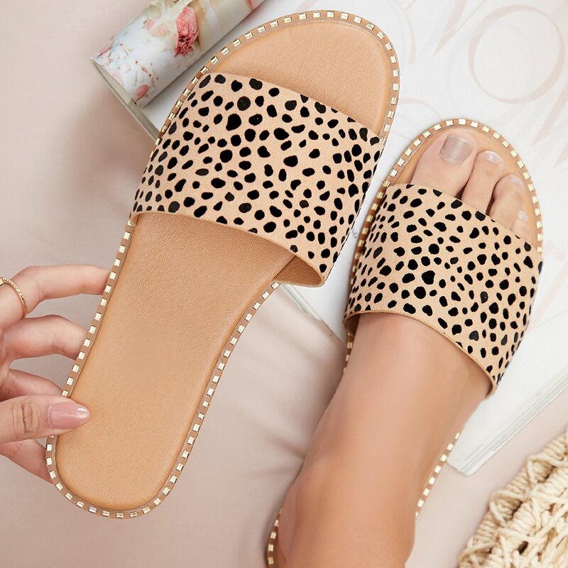 

Cheetah Print Faux Leather Slide Sandals, Brown