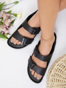 Double Buckle Footbed Slide Sandals - Black - View 1