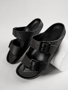 Double Buckle Footbed Slide Sandals - Black - View 2