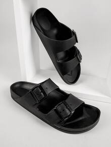 Double Buckle Footbed Slide Sandals - Black - View 4