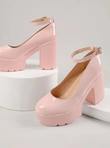 SHUZIA Faux Patent Leather Platform Block Heel Mary Janes - Baby Pink - View 1