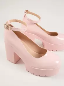 SHUZIA Faux Patent Leather Platform Block Heel Mary Janes - Baby Pink - View 3