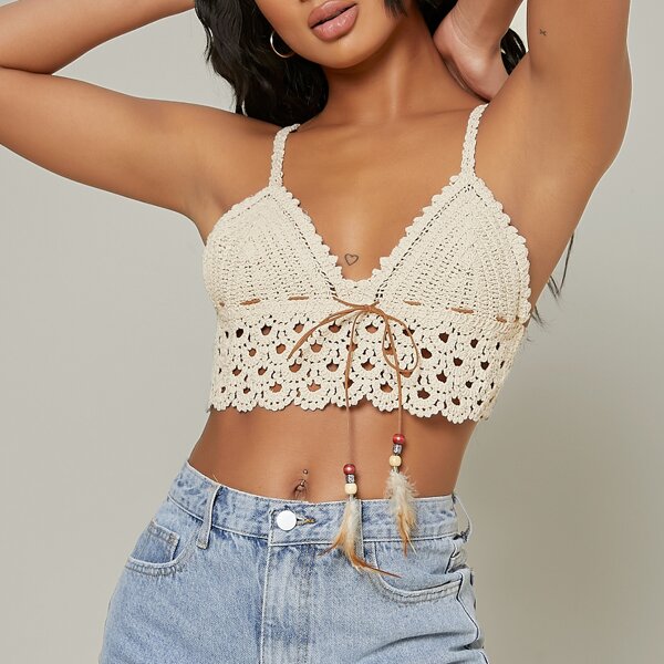 

Tie Front Crochet Cami Top, Beige
