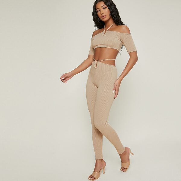 

Ribbed Off-the-Shoulder Crop Top & Leggings Set, Khaki