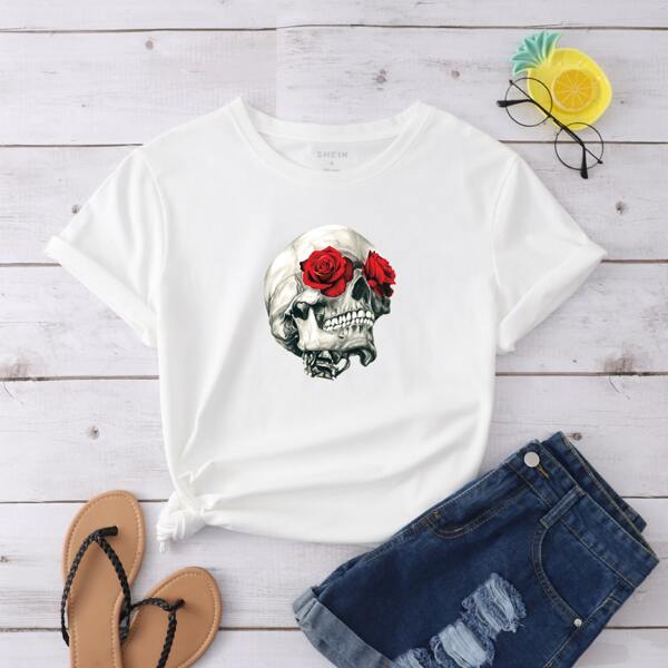 

Skull & Floral Print Tee, White