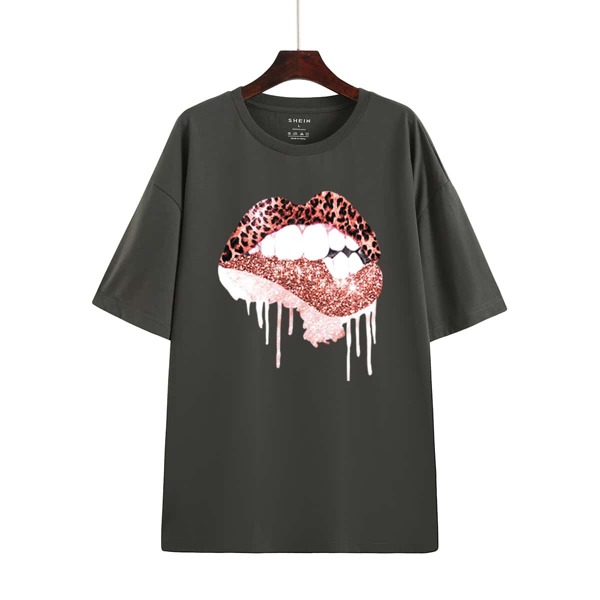 

Lip Print Drop Shoulder Oversized Tee, Dark grey