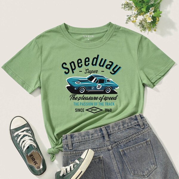

Car And Slogan Graphic Crew Neck Tee, Green