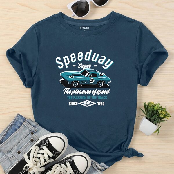 

Car And Slogan Graphic Crew Neck Tee, Navy blue
