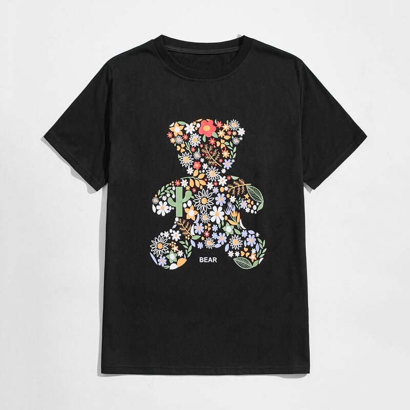 

Guys Letter Floral Bear Graphic Tee, Black