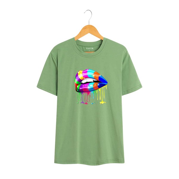 

Lips Print Crew Neck Tee, Green
