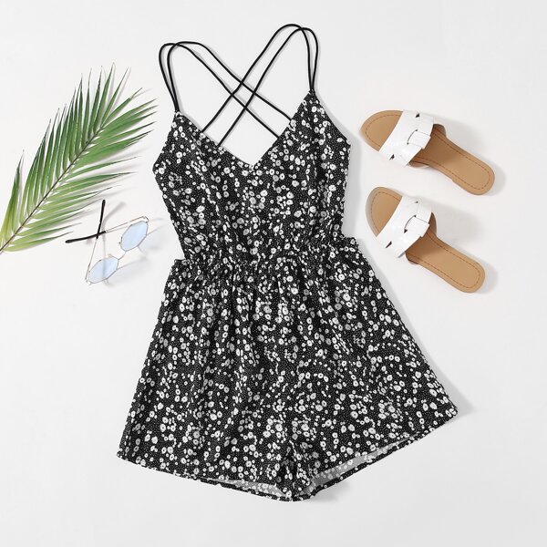 

Ditsy Floral Crisscross Back Slip Romper, Black and white