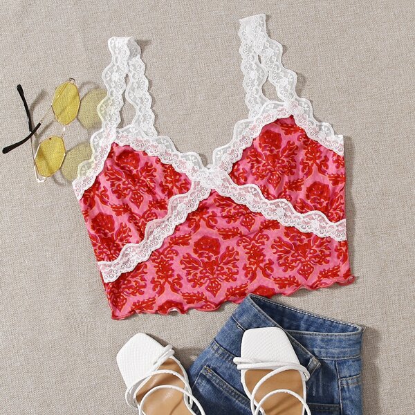 

Floral Print Contrast Lace Detail Crop Cami Top, Multicolor