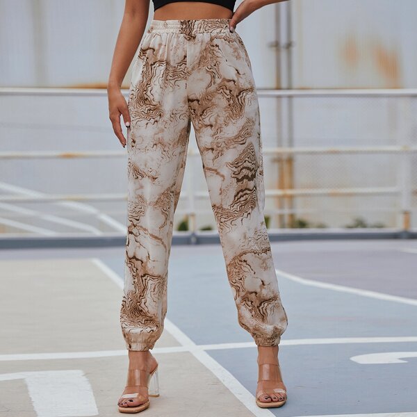 

Elastic Waist Graphic Print Carrot Pants, Multicolor