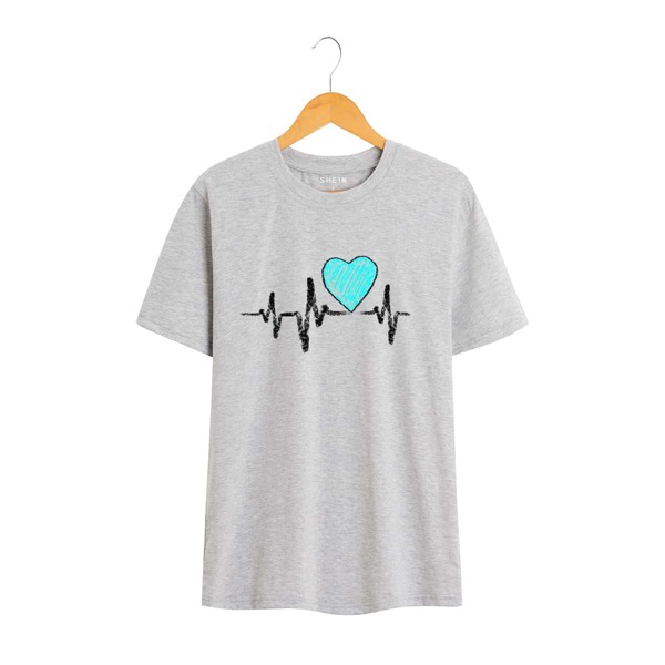 

Heart Print Crew Neck Tee, Light grey