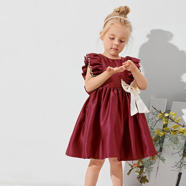 

Toddler Girls Pearls Beaded Ruffle Trim Bow Front Dress, Burgundy