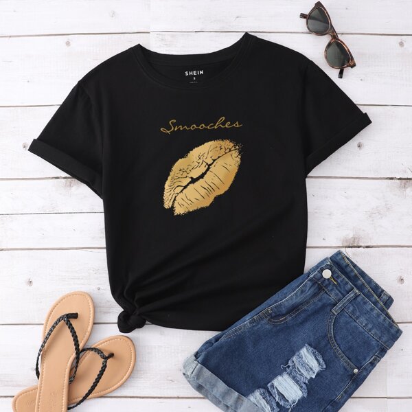 

Letter & Lip Print Tee, Black