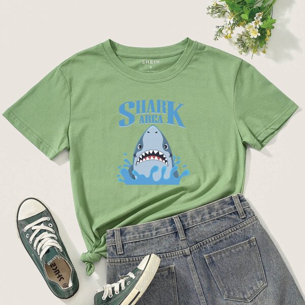 

Letter & Shark Print Tee, Lime green