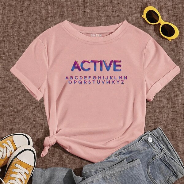 

Letter Graphic Round Neck Tee, Dusty pink