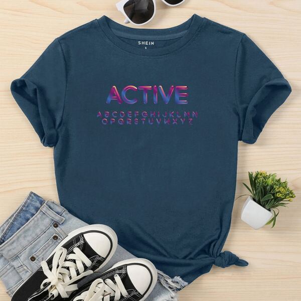 

Letter Graphic Round Neck Tee, Navy blue