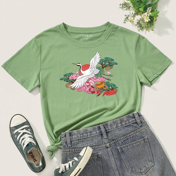 

Crane & Trees Print Tee, Lime green