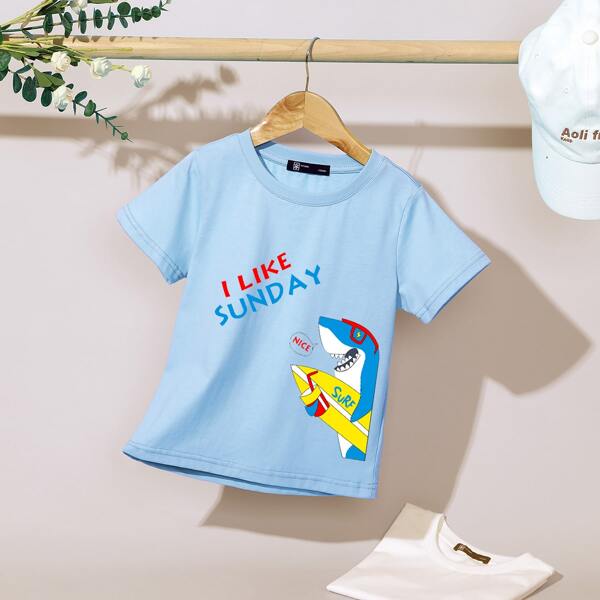 

Boys Letter & Cartoon Graphic Tee, Baby blue