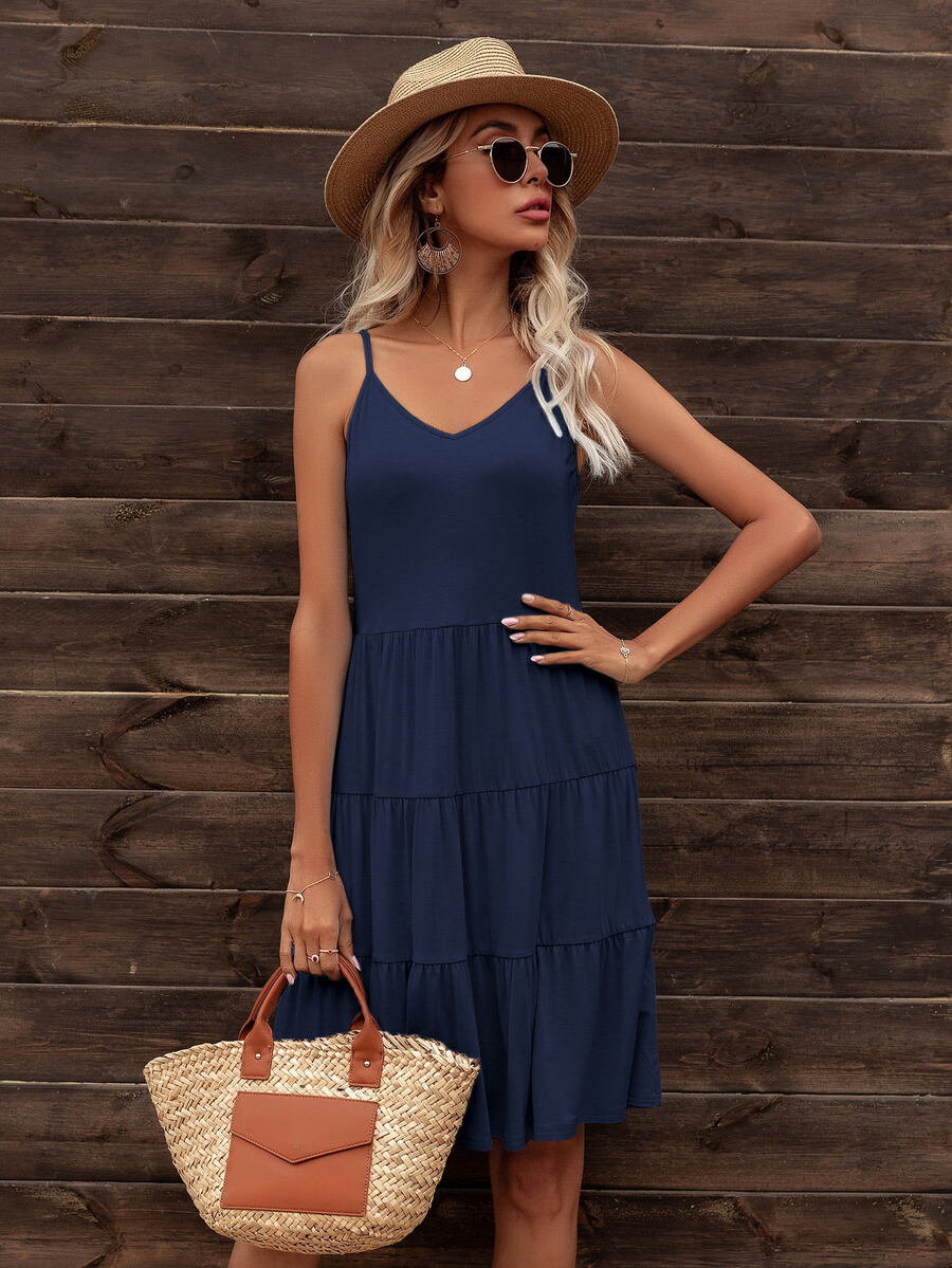 DEARCASE Đầm Viên lá sen màu trơn Boho - Màu xanh hải quân - Xem 1