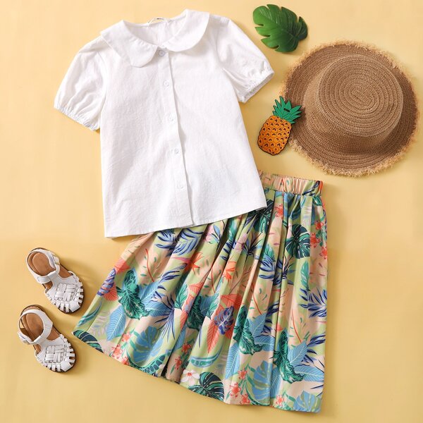 

Girls Peter Pan Collar Blouse & Tropical Print Skirt Set, Multicolor