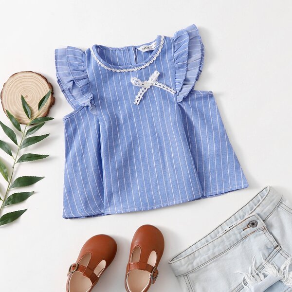 

Toddler Girls Ruffle Sleeve Bow Detail Striped Top, Blue