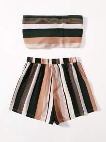 SHEIN VCAY Outfit de dos piezas Lazo delantero A rayas Bohemio - Multicolor - Ver 2