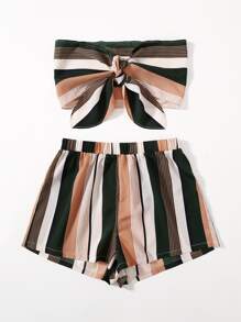 SHEIN VCAY Outfit de dos piezas Lazo delantero A rayas Bohemio - Multicolor - Ver 3