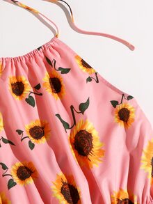 SHEIN 綁結露背向日葵圖案繞頸連身短褲 - 藕粉色 - 查看 4