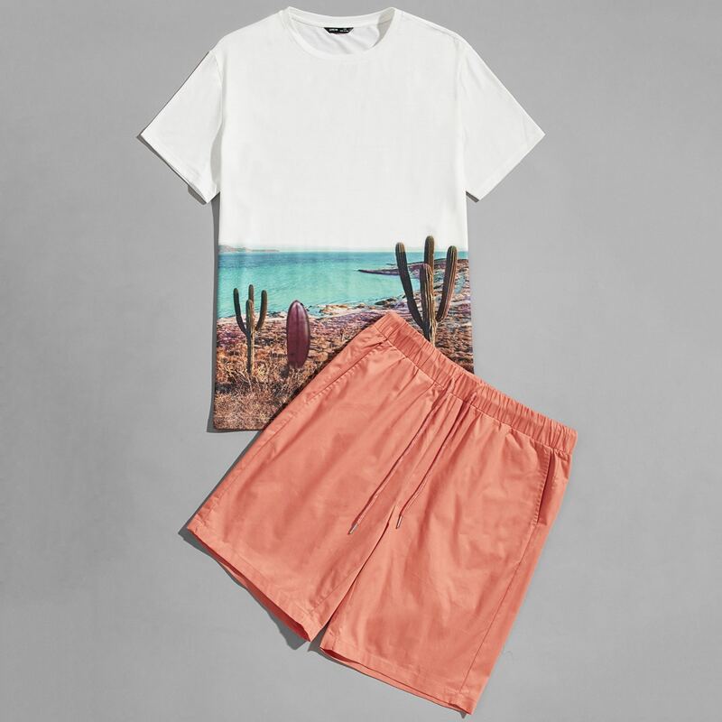 

Guys Graphic Print Top & Drawstring Waist Shorts Set, Multicolor