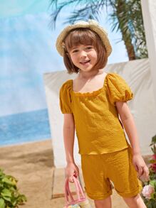 小女童大圓領後打褶泡泡袖襯衫 - 芥末黃 - 查看 1