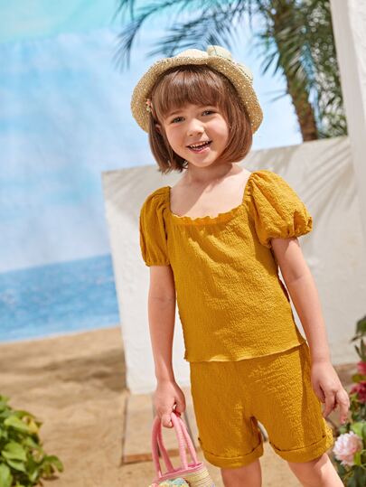 小女童大圓領後打褶泡泡袖襯衫