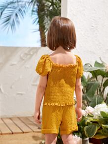 小女童大圓領後打褶泡泡袖襯衫 - 芥末黃 - 查看 2