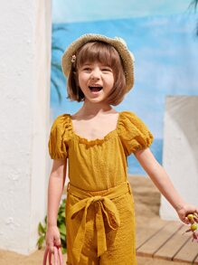 小女童大圓領後打褶泡泡袖襯衫 - 芥末黃 - 查看 3