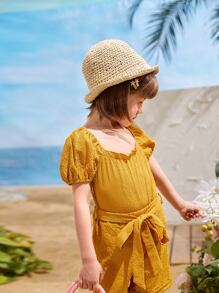 小女童大圓領後打褶泡泡袖襯衫 - 芥末黃 - 查看 4