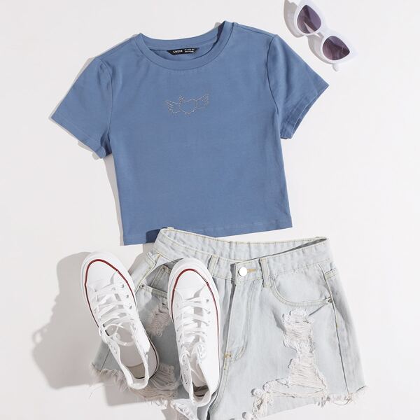 

Rhinestone Heart Tee, Dusty blue