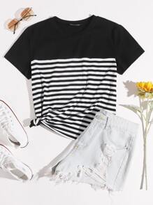 SHEIN EZwear Striped Print Tee - Black and White - View 1