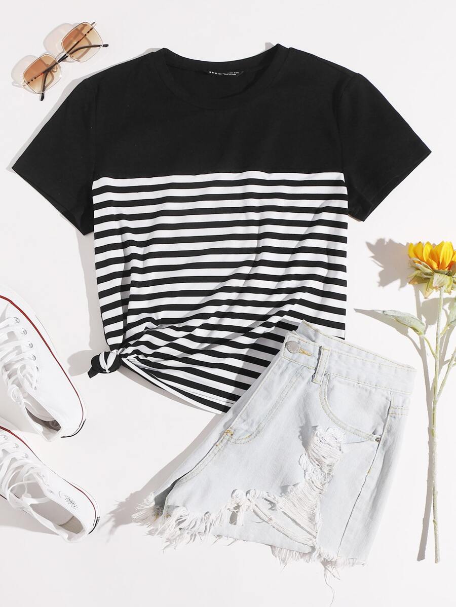 SHEIN EZwear Striped Print Tee - Black and White - View 1