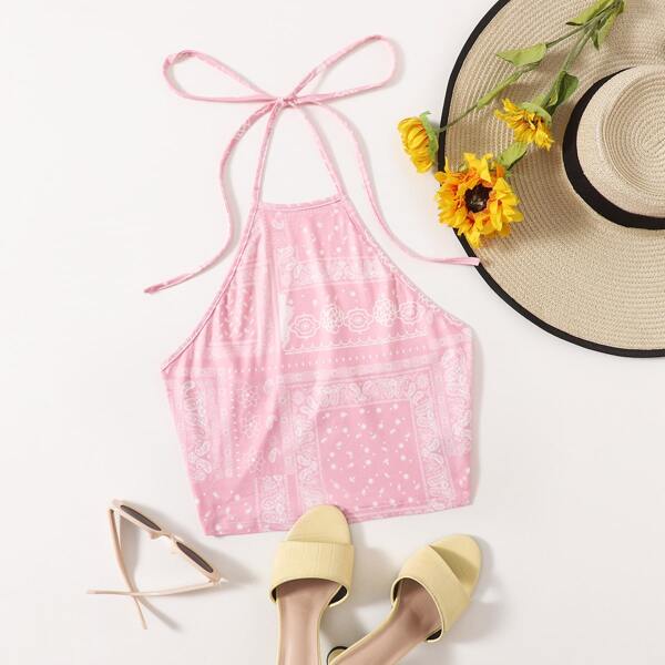 

Paisley Scarf Print Halter Top, Baby pink