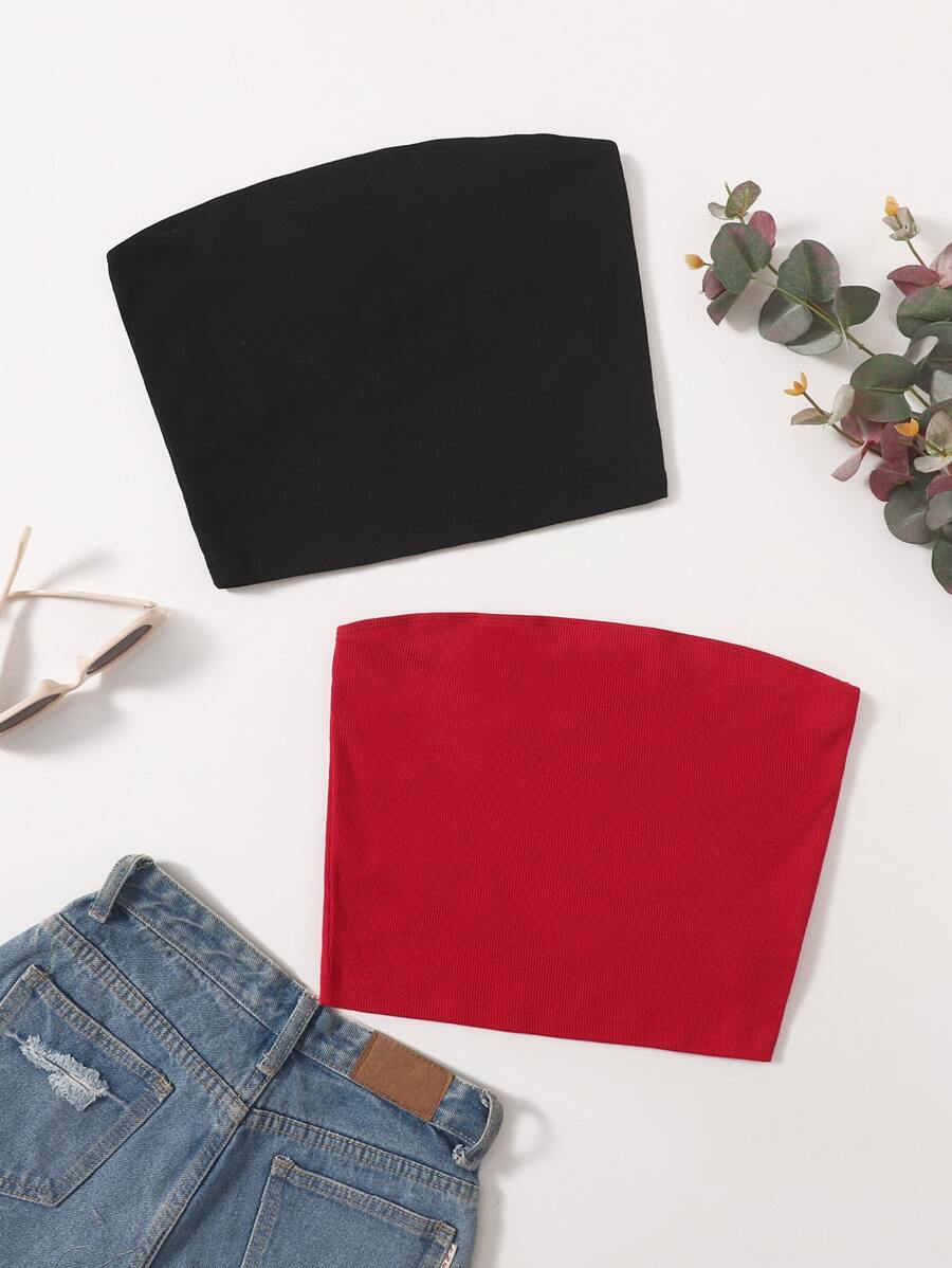 Muchica 2 Packs Rib-Knit Crop Tube Top - Multicolor - View 1