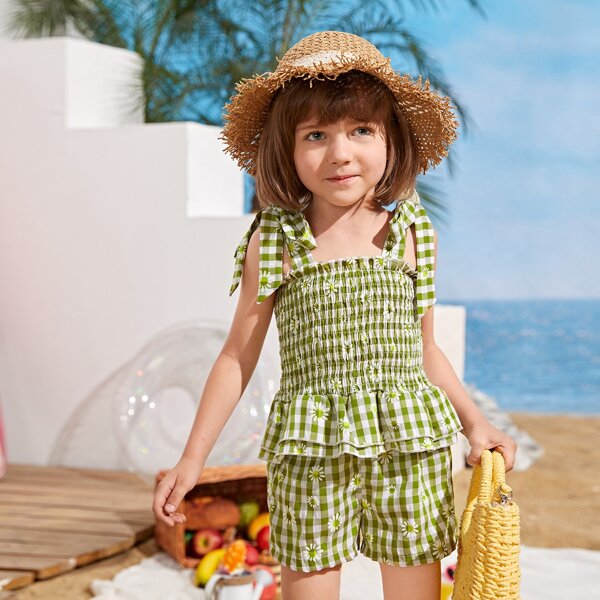 

Toddler Girls Gingham Shirred Peplum Cami Top With Shorts, Green