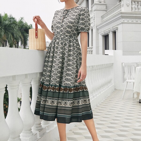 

Tie Neck Puff Sleeve Ruffle Hem Floral & Striped Dress, Multicolor