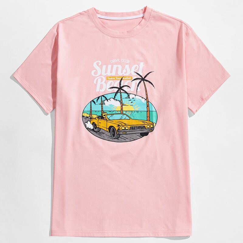 

Guys Letter Tropical Graphic Tee, Baby pink